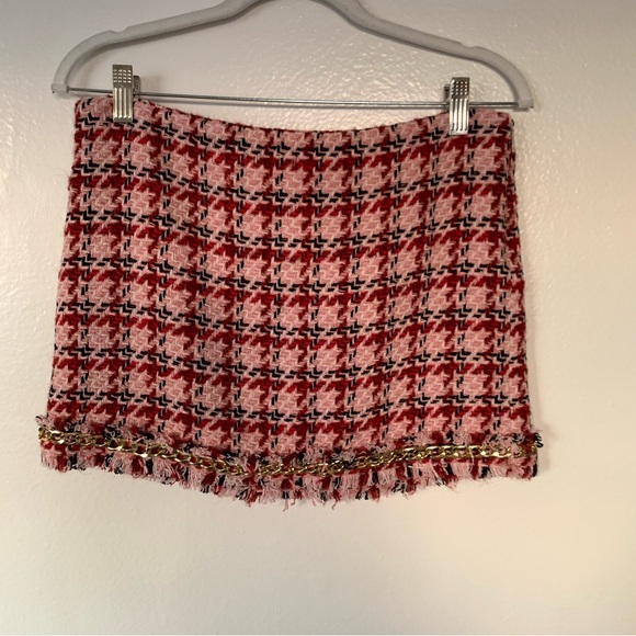 Mango Tweed mini-skirt with chain red pink plaid - Picture 7 of 12